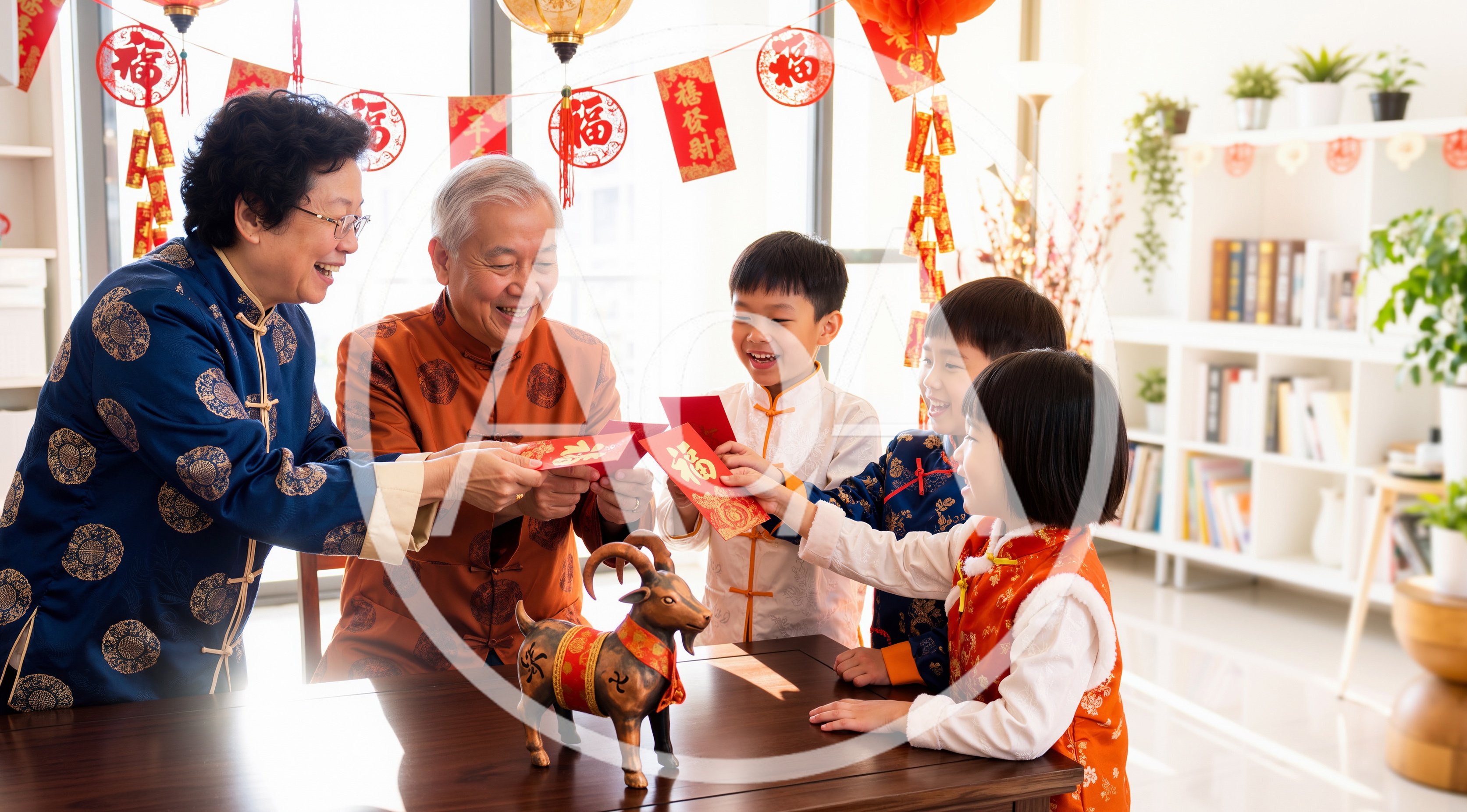 Grandparents Giving Red Envelopes to Grandchildren for Chinese New Year
