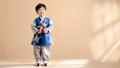 Young Korean Boy Wearing Traditional Hanbok Holding Lucky Pouch