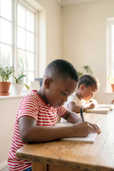 Young African American Children Studying at Home