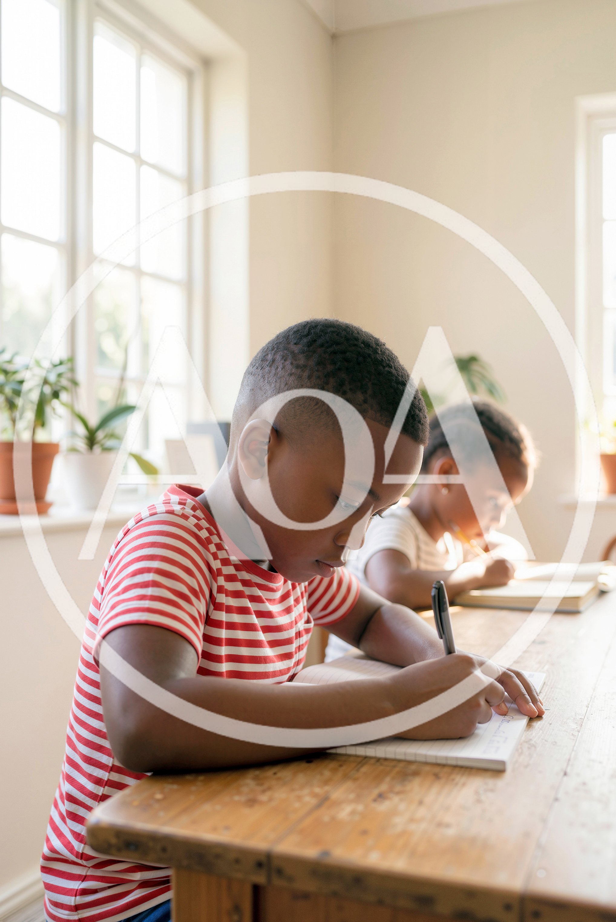 Young African American Children Studying at Home