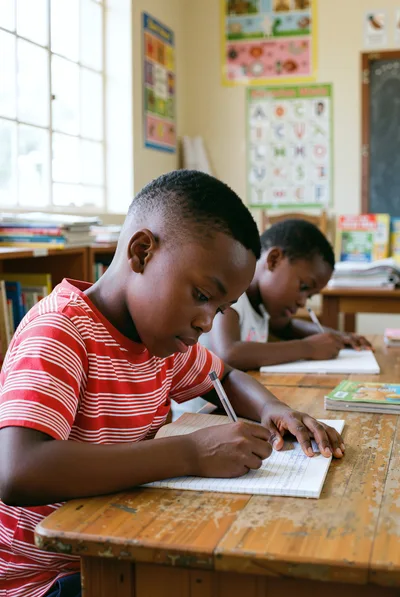 Young African Students Writing In Notebooks In Classroom