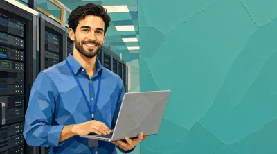 IT Professional Working on Laptop in Server Room
