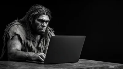 Neanderthal Man Using A Modern Laptop Computer