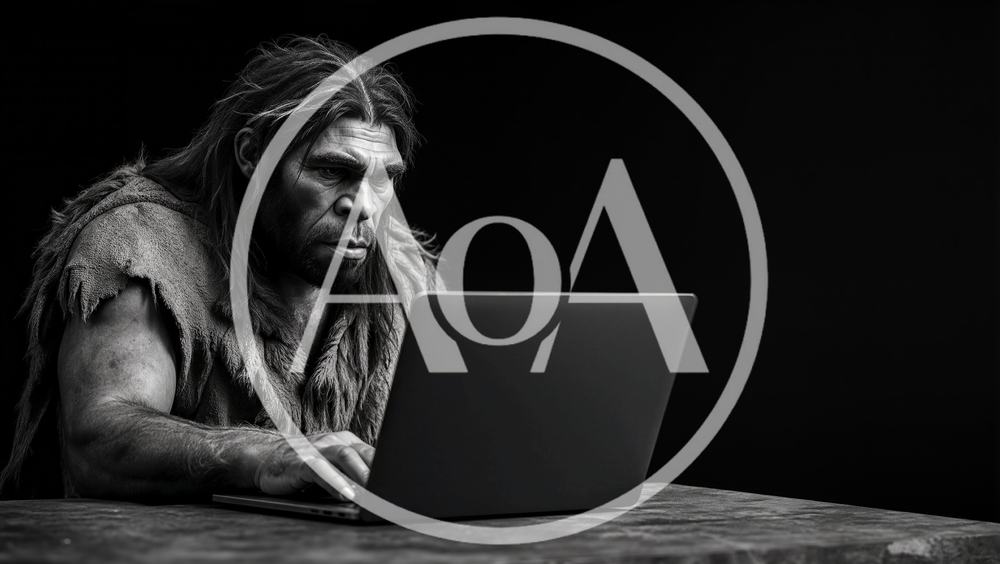 Neanderthal Man Using A Modern Laptop Computer
