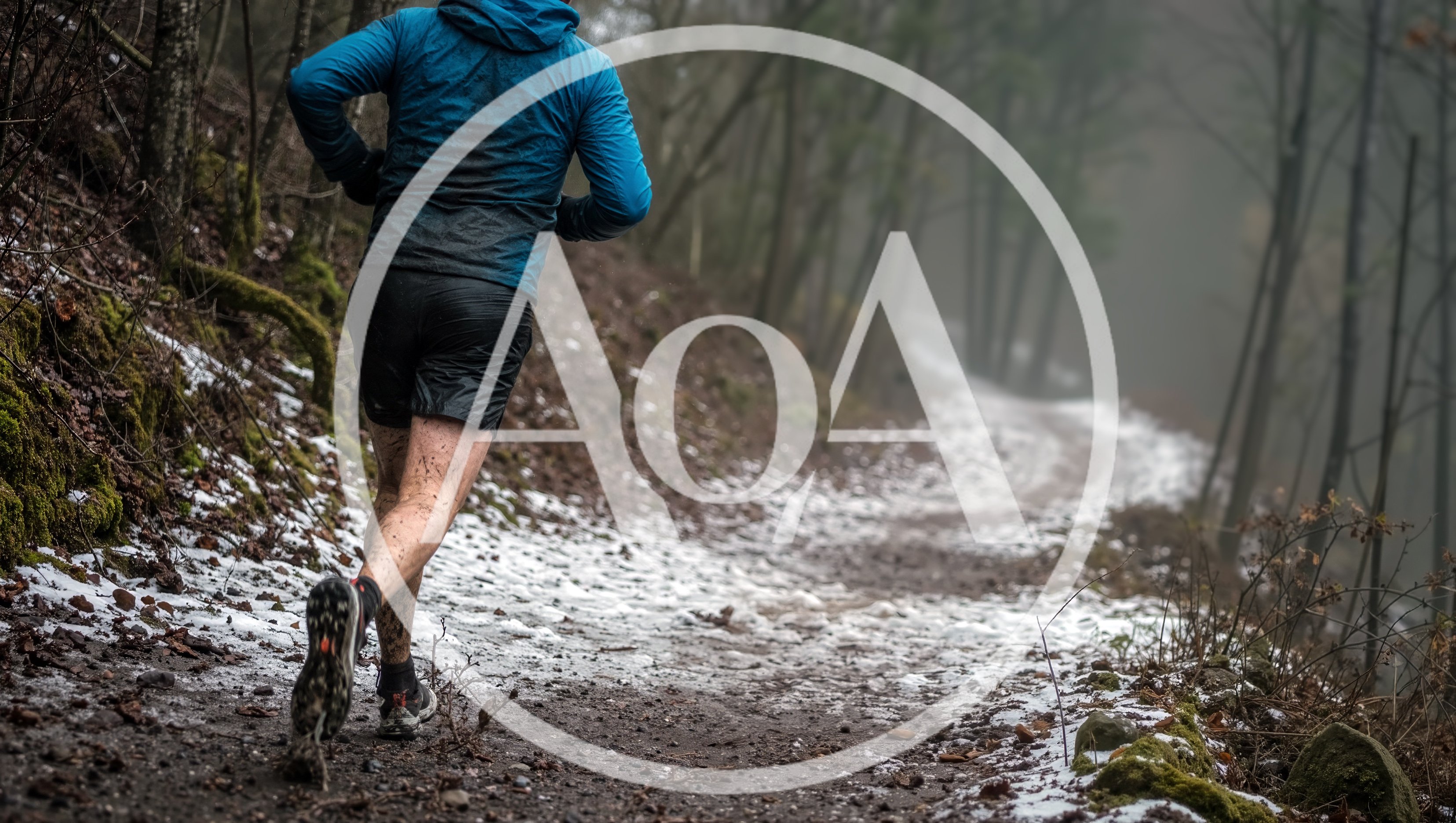 Trail Runner Running Through Snowy Forest Path