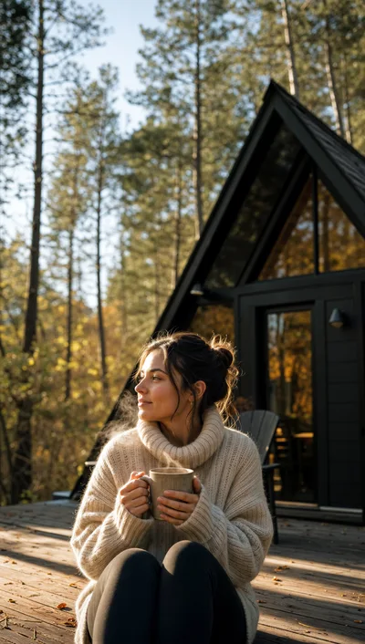 Woman Holding Steaming Mug On Cabin Deck