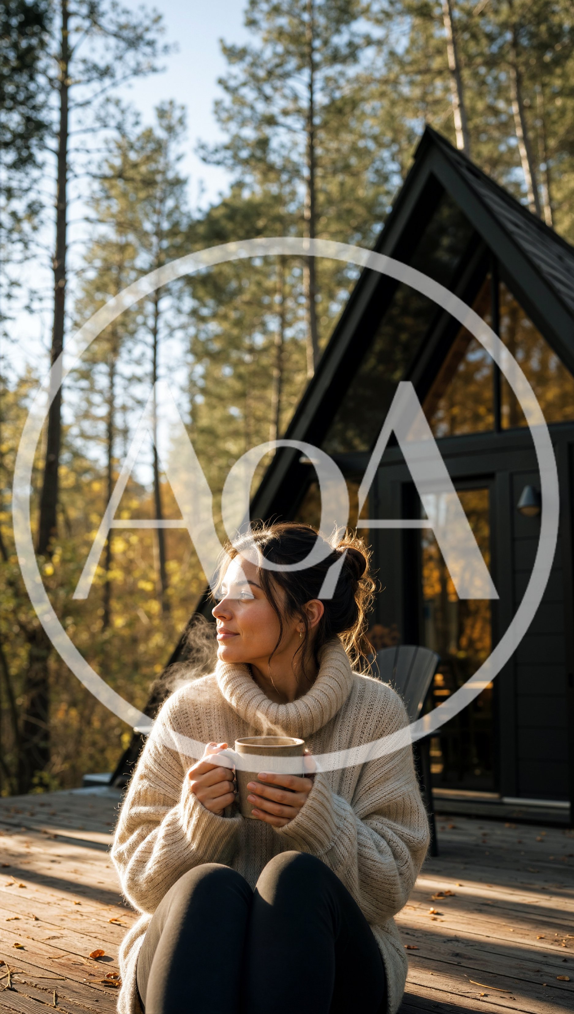 Woman Holding Steaming Mug On Cabin Deck