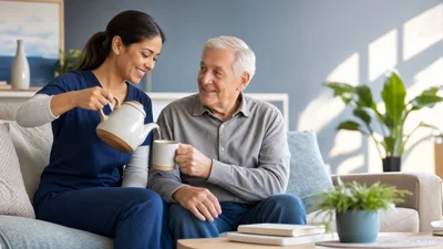 Caregiver Pouring Tea for an Elderly Man