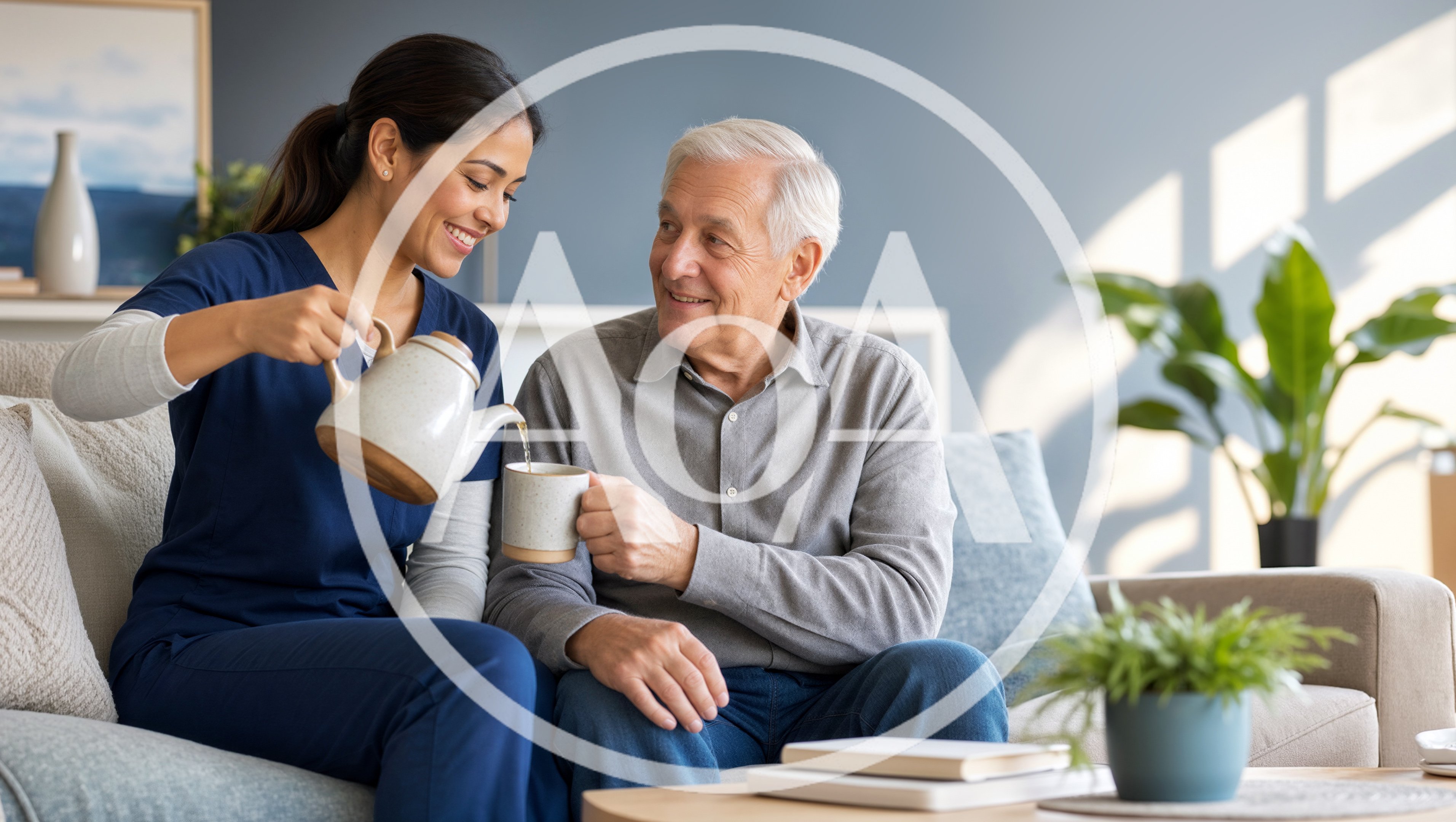 Caregiver Pouring Tea for an Elderly Man