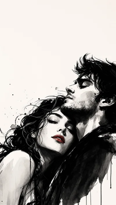 Romantic Couple Embracing In Artistic Ink Wash Style