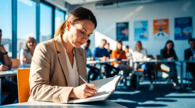 Professional Woman Writing In Notebook During Business Seminar
