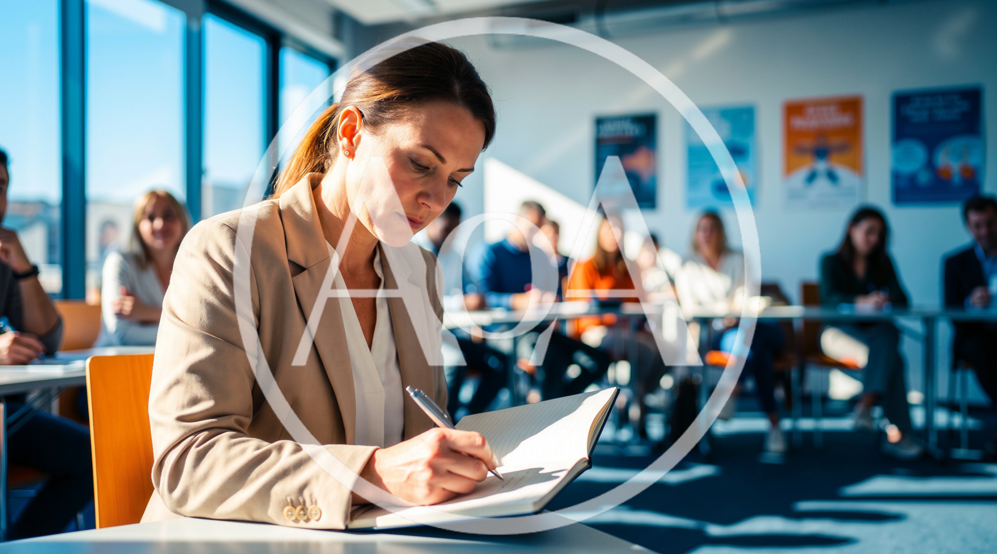 Professional Woman Writing In Notebook During Business Seminar