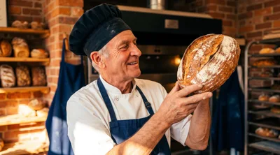 Senior Baker Inspecting Freshly Baked Sourdough Bread