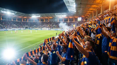 Passionate Soccer Fans Cheering With Scarves In Stadium