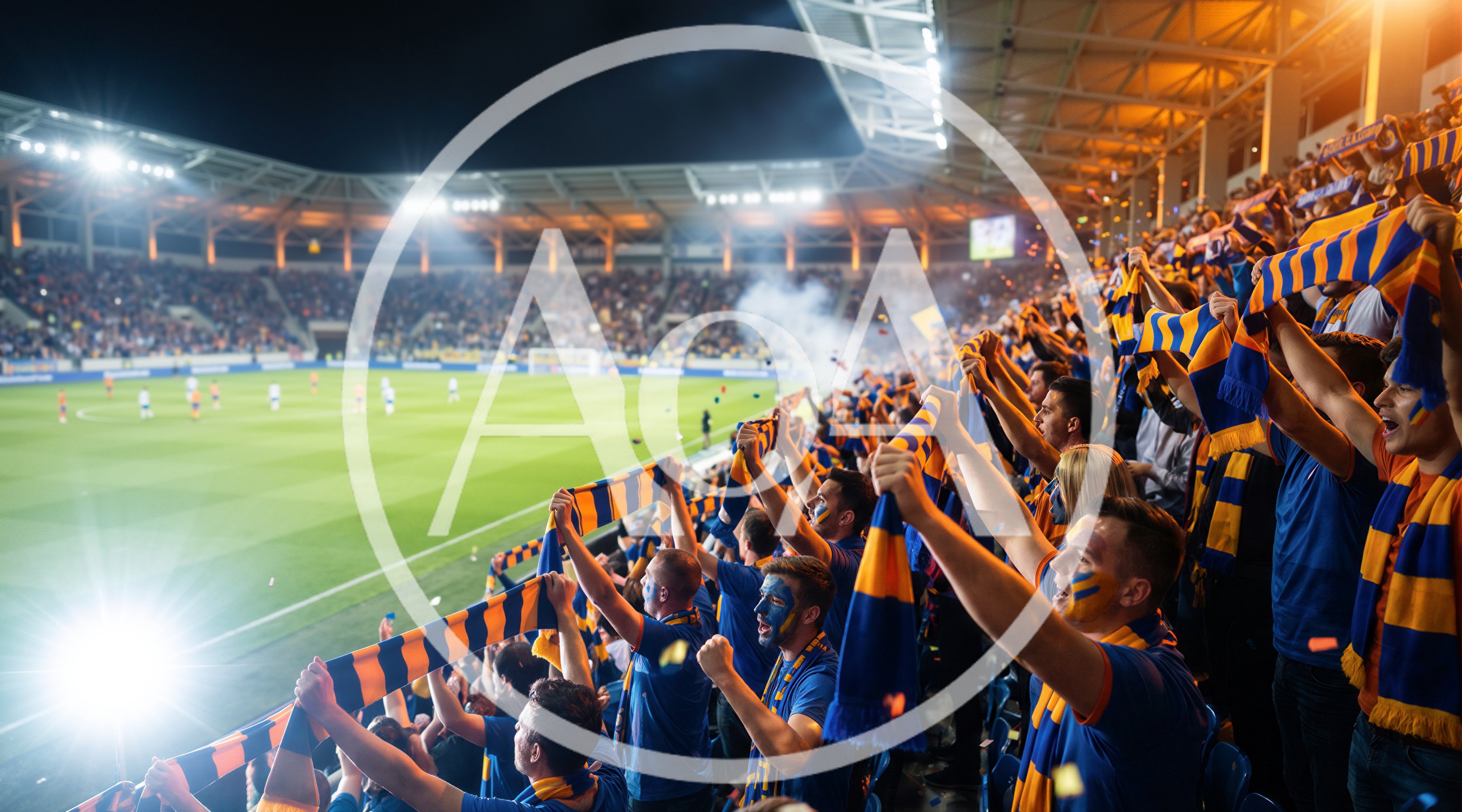 Passionate Soccer Fans Cheering With Scarves In Stadium