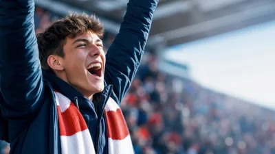Young Man Cheering Enthusiastically at a Sports Stadium