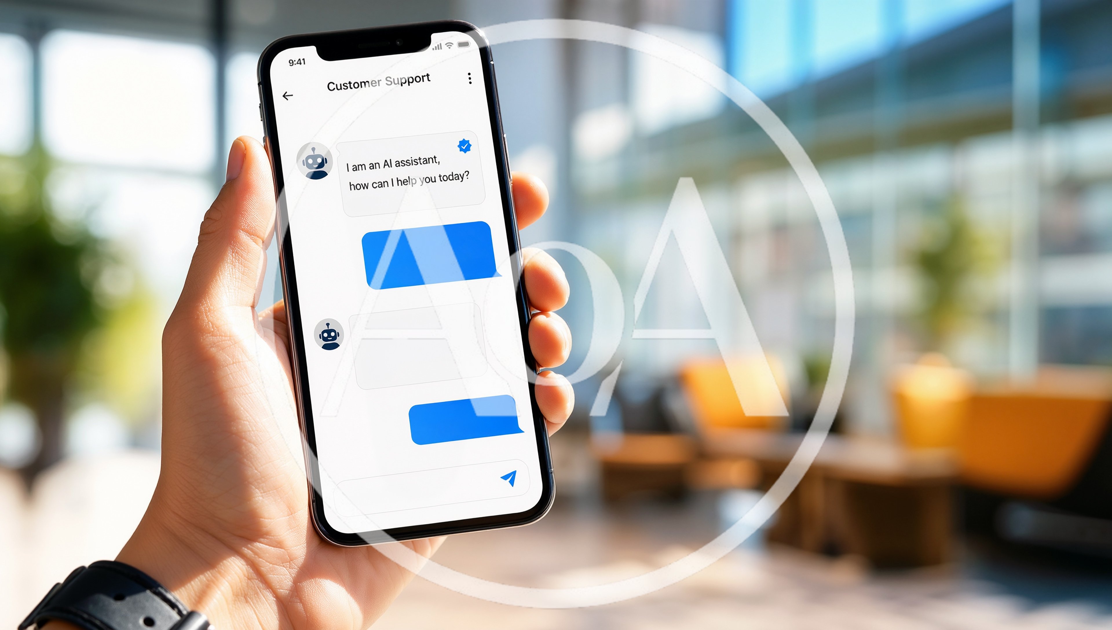 Hand Holding Smartphone Displaying AI Customer Support Chat Interface