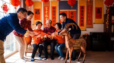 Multi-Generational Chinese Family Exchanging Red Envelopes