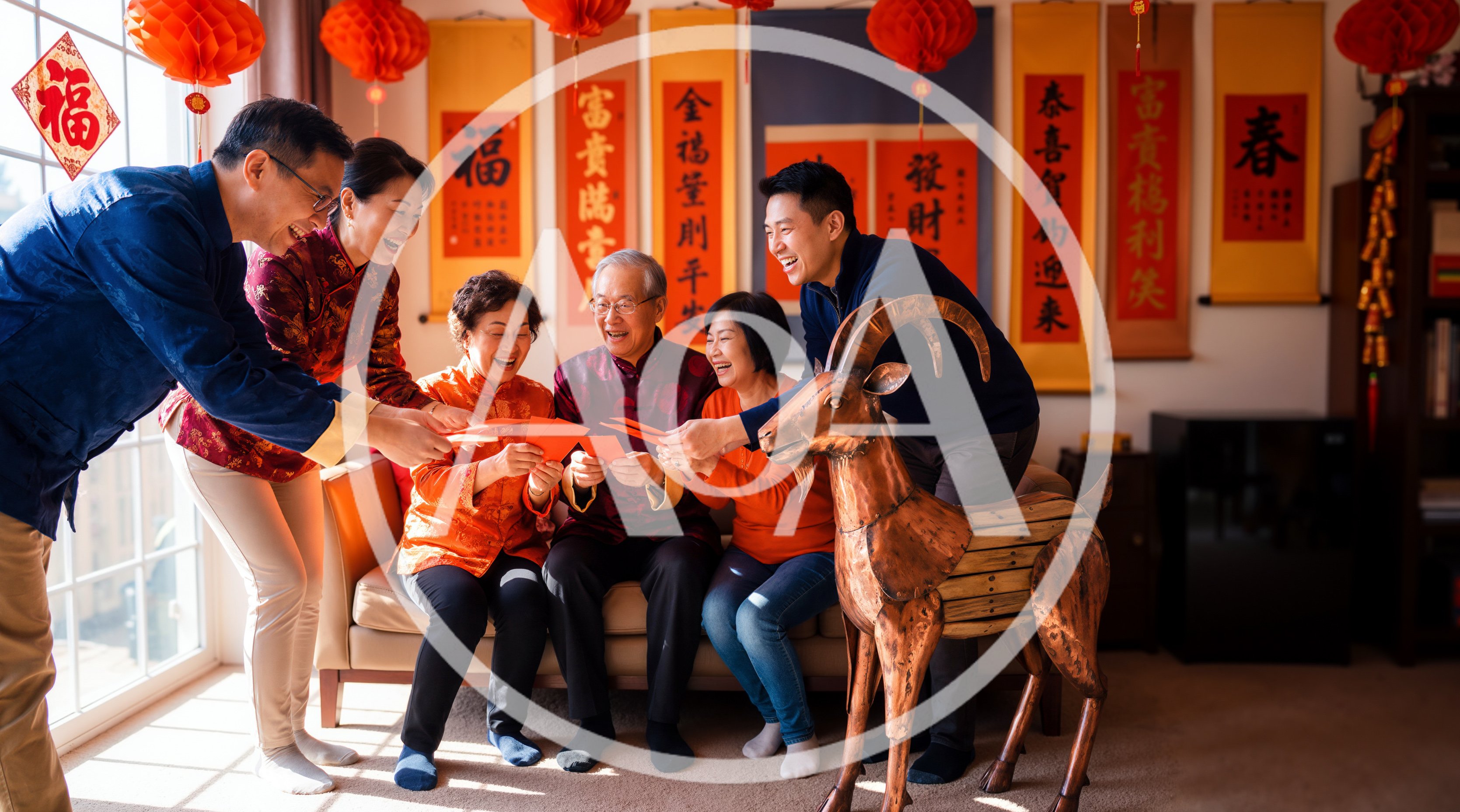 Multi-Generational Chinese Family Exchanging Red Envelopes