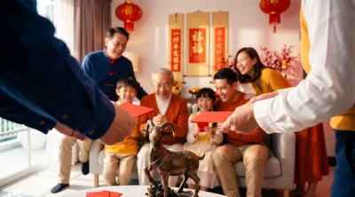 Multi-Generational Family Exchanging Red Envelopes During Lunar New Year