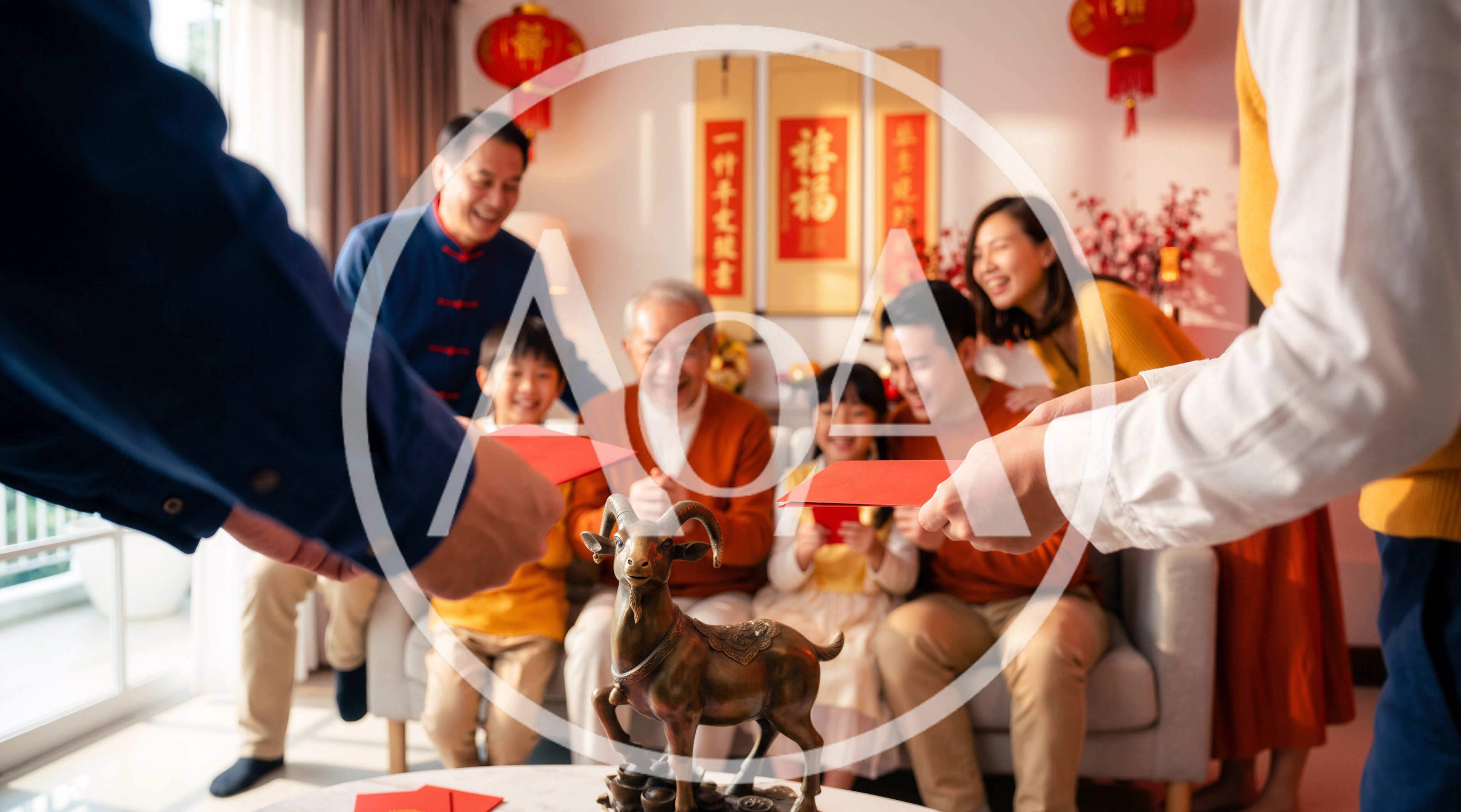 Multi-Generational Family Exchanging Red Envelopes During Lunar New Year