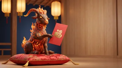 3D Rendered Fire Goat Holding Red Envelope