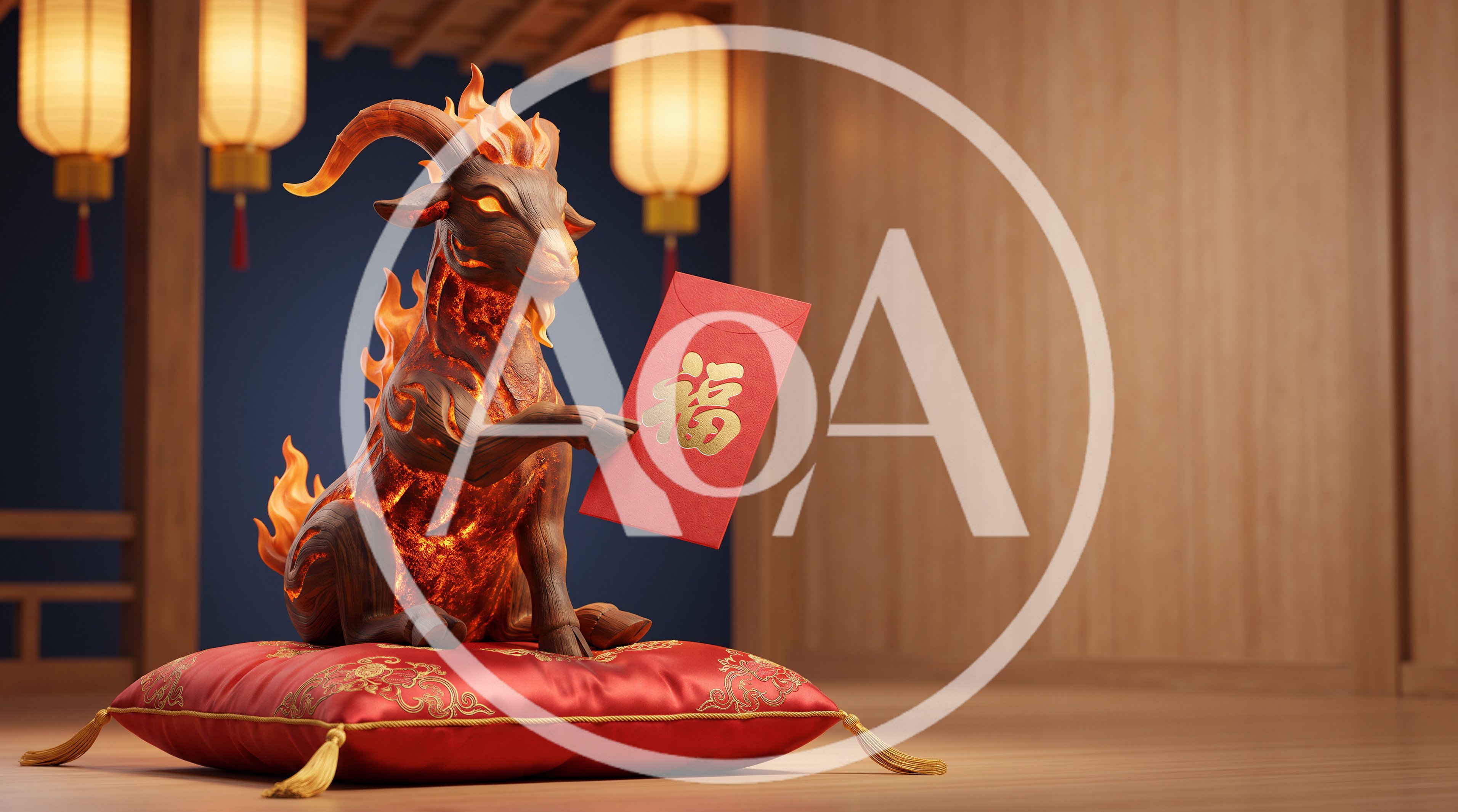 3D Rendered Fire Goat Holding Red Envelope