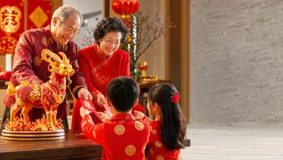 Grandparents Giving Red Envelopes to Grandchildren for Lunar New Year