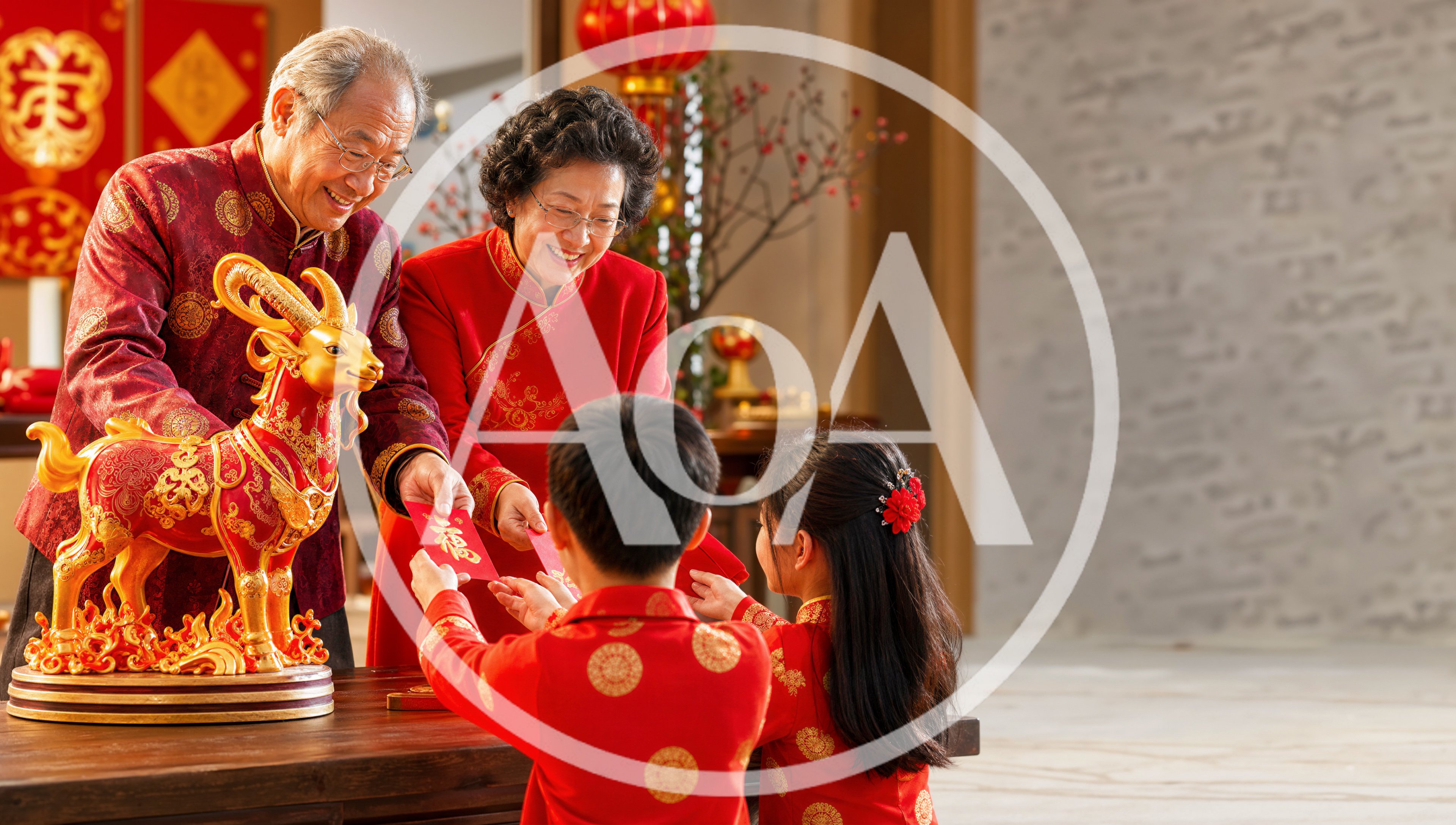 Grandparents Giving Red Envelopes to Grandchildren for Lunar New Year