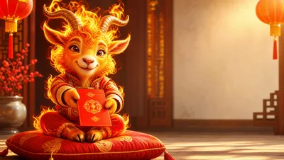 Cute Fire Goat Character Holding Red Envelope