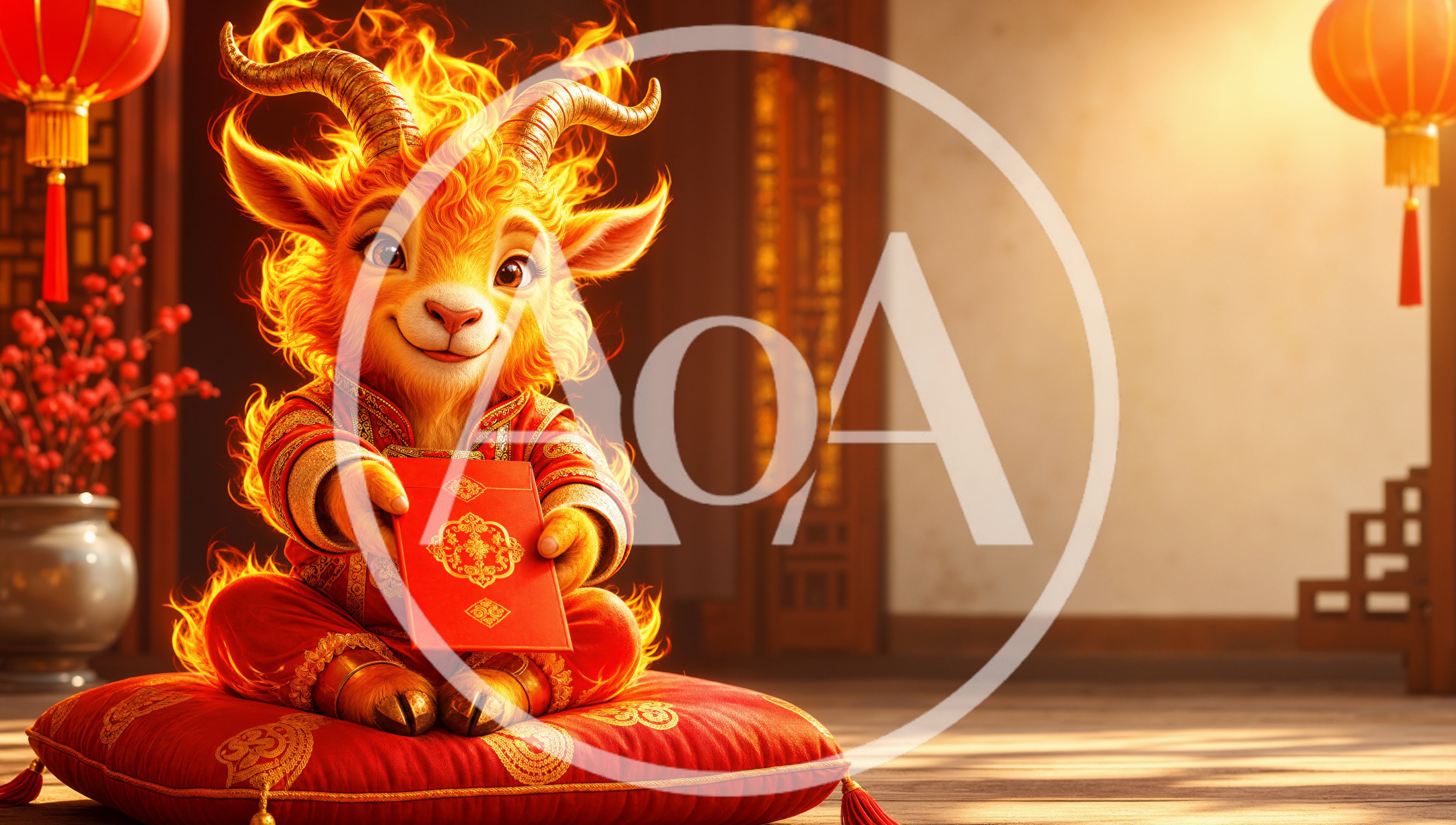 Cute Fire Goat Character Holding Red Envelope