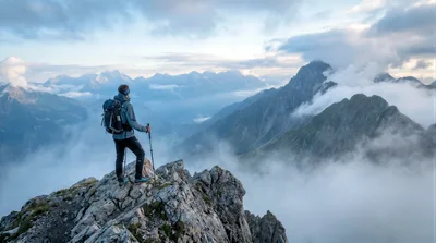 Hiker Standing On Mountain Peak Above Clouds