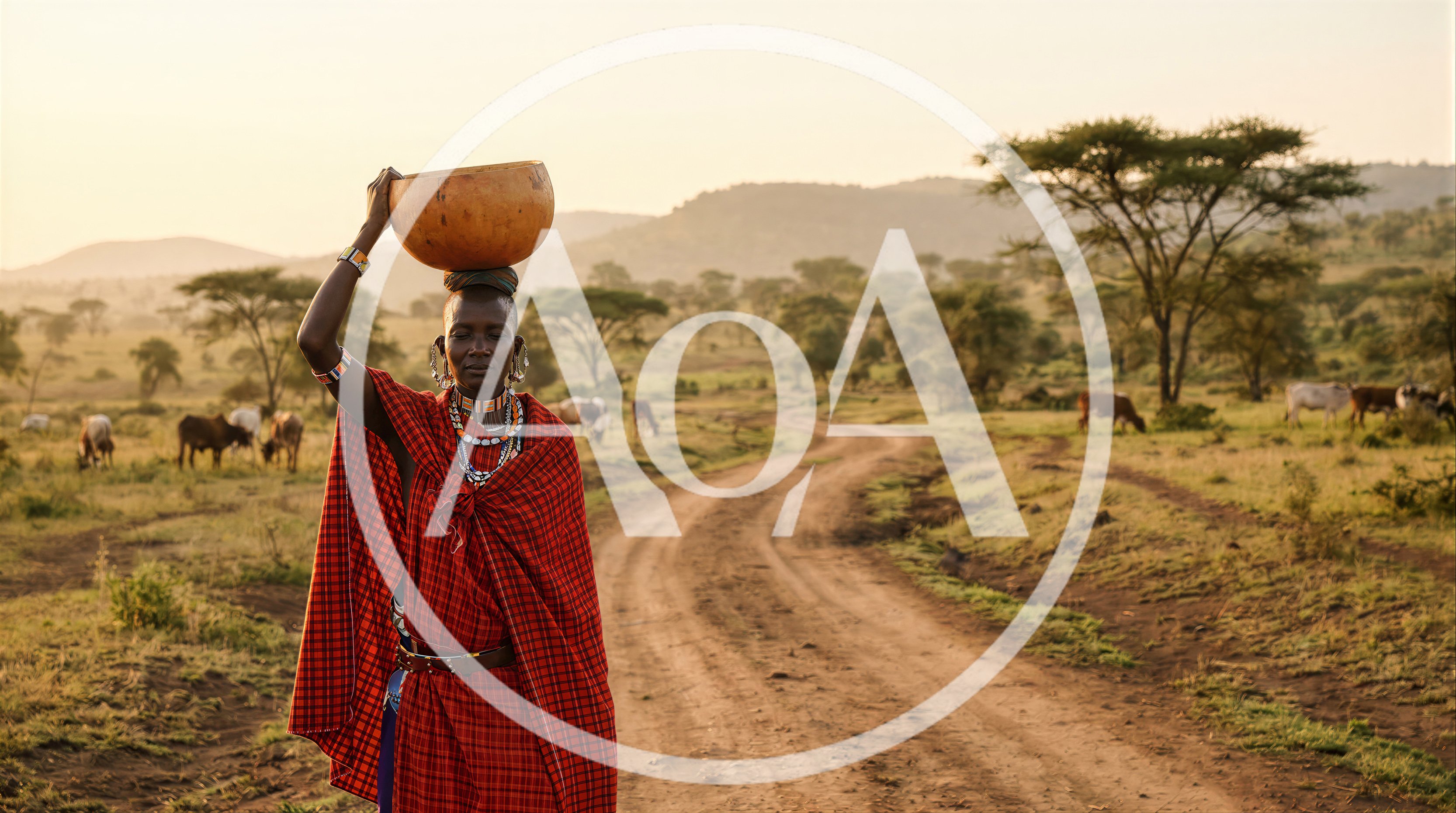 Maasai Woman Carrying Calabash on Head in Savannah