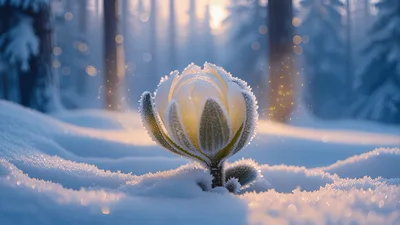 Magical Glowing Flower Blooming In Snowy Winter Forest