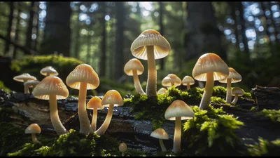 Time Lapse Of Mushrooms Growing On Mossy Log