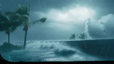 Tropical Storm Waves Crashing Against Coastal Seawall