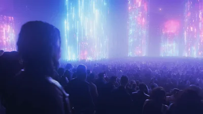 Crowd Watching Futuristic Digital Light Display In City
