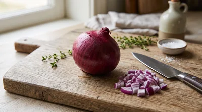 Red Onion and Chopped Pieces on Wooden Cutting Board