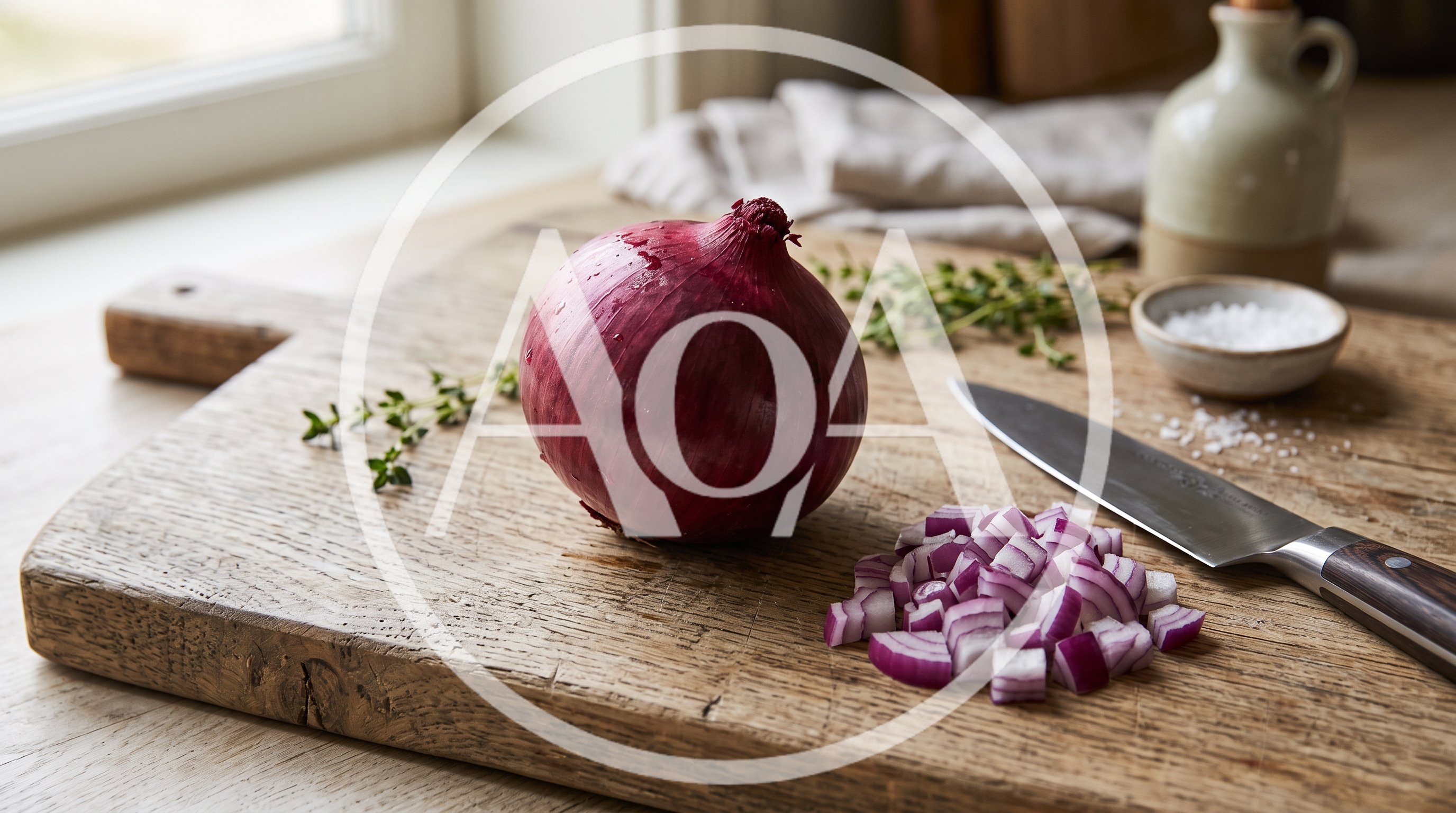 Red Onion and Chopped Pieces on Wooden Cutting Board