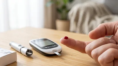 Person Checking Blood Glucose Levels With A Glucometer