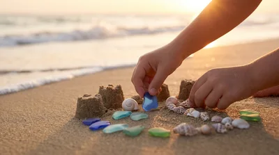 Child Playing With Sea Glass And Shells On Beach