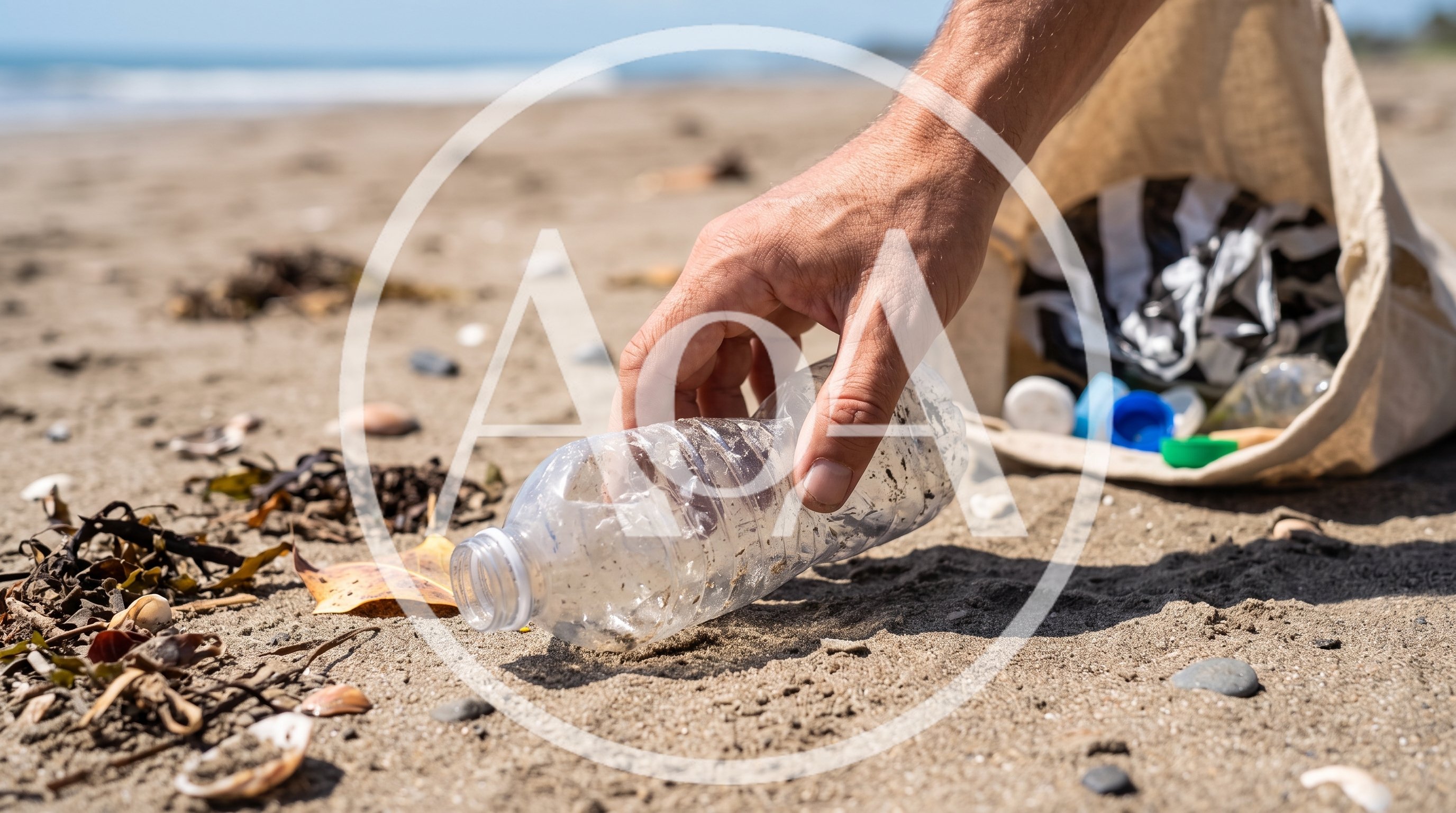 Volunteer Picking Up Plastic Bottle On Beach