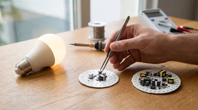 Technician Repairing LED Light Bulb Circuit Board