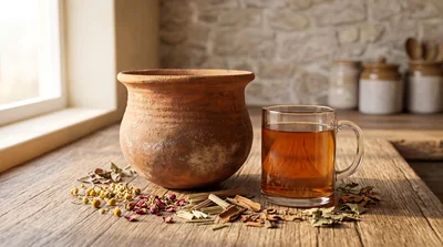 Clay Pot and Glass Mug of Herbal Tea