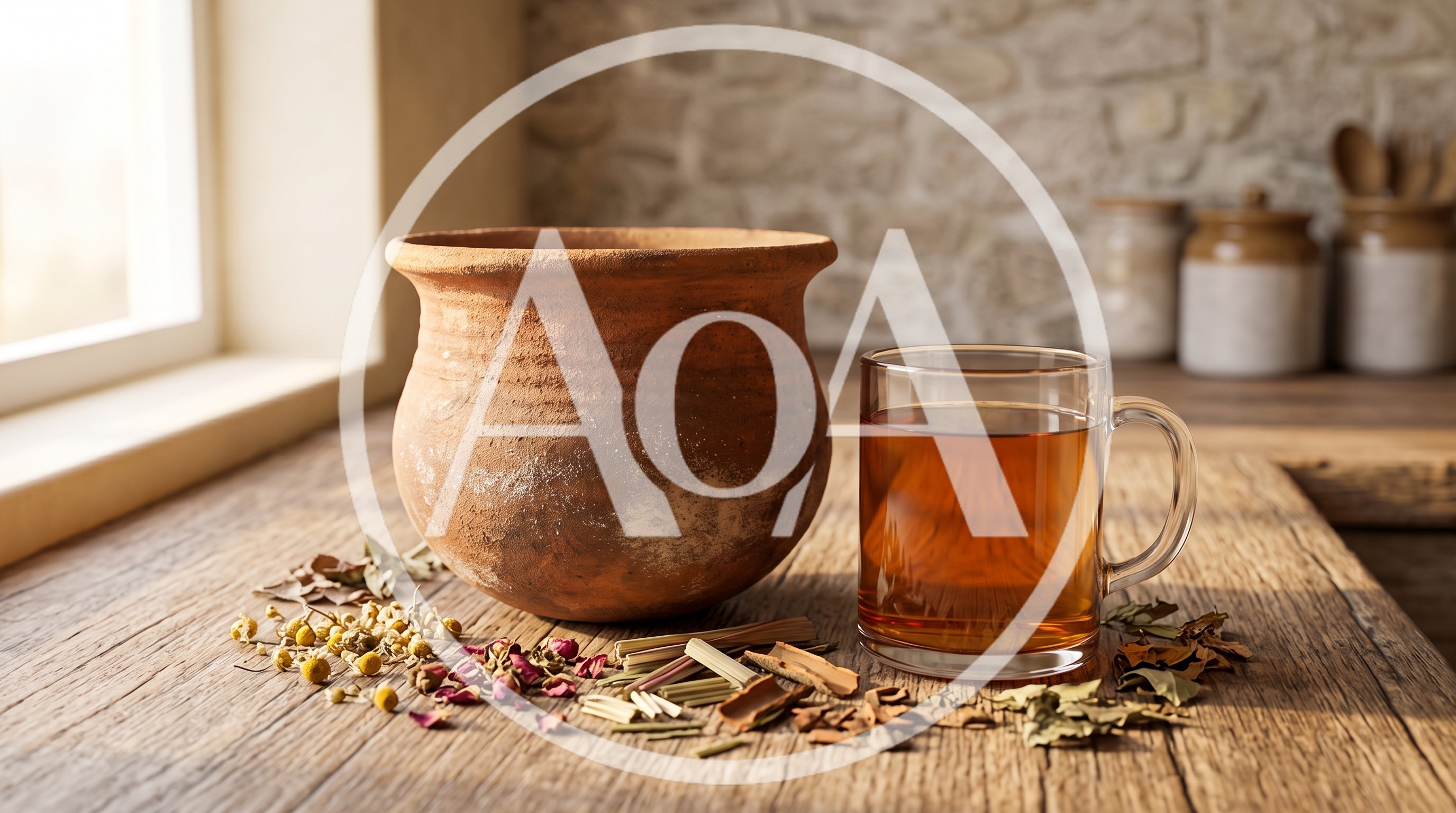 Clay Pot and Glass Mug of Herbal Tea