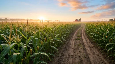 Dirt Path Through A Cornfield At Sunrise