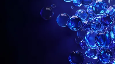 Abstract Blue Glass Spheres Floating In Dark Space