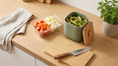 Kitchen Countertop With Fresh Produce And Compost Bin
