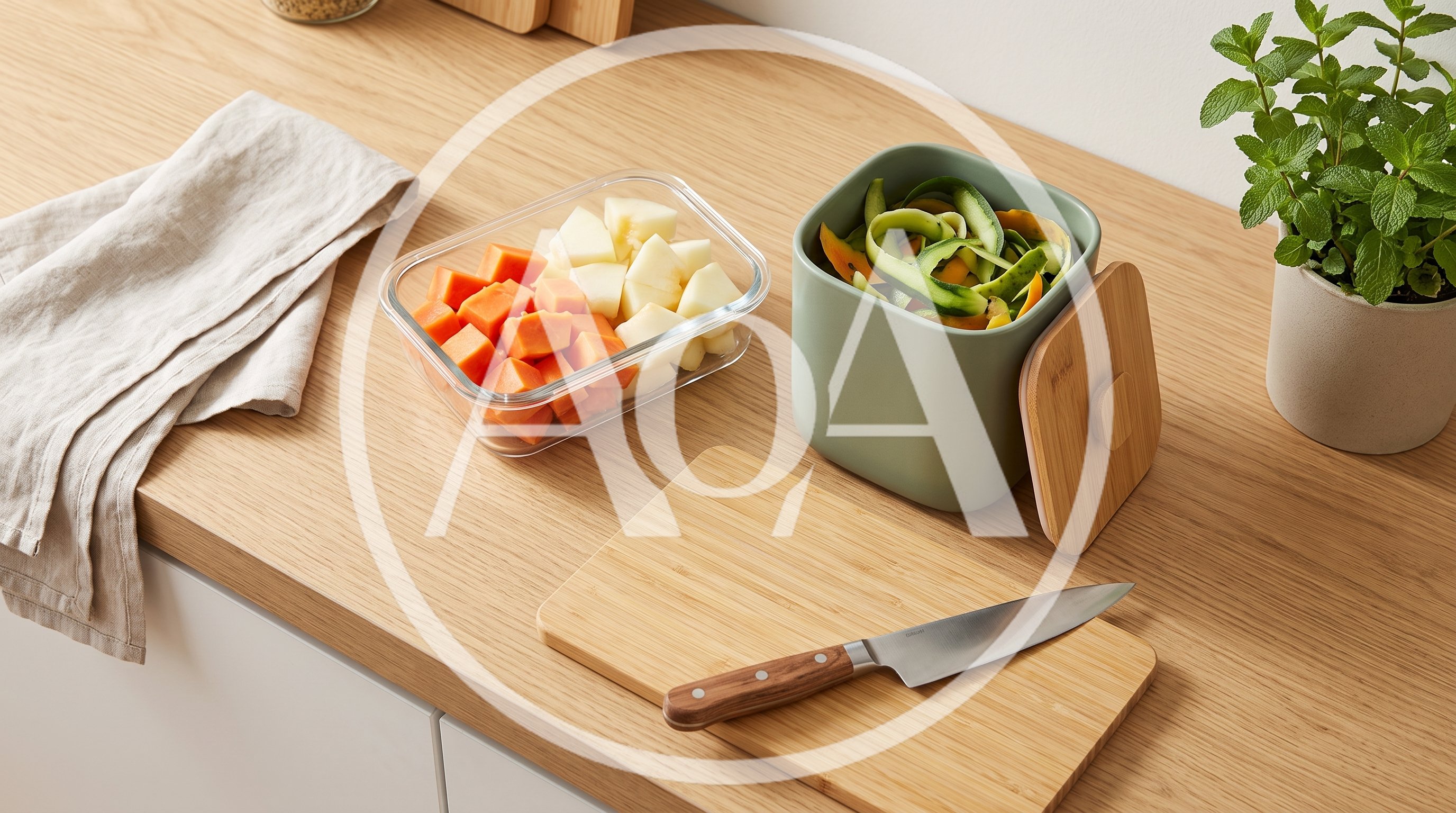 Kitchen Countertop With Fresh Produce And Compost Bin
