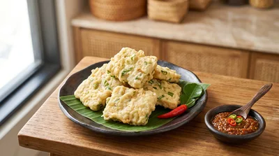 Fried Tempeh With Sambal On A Wooden Table